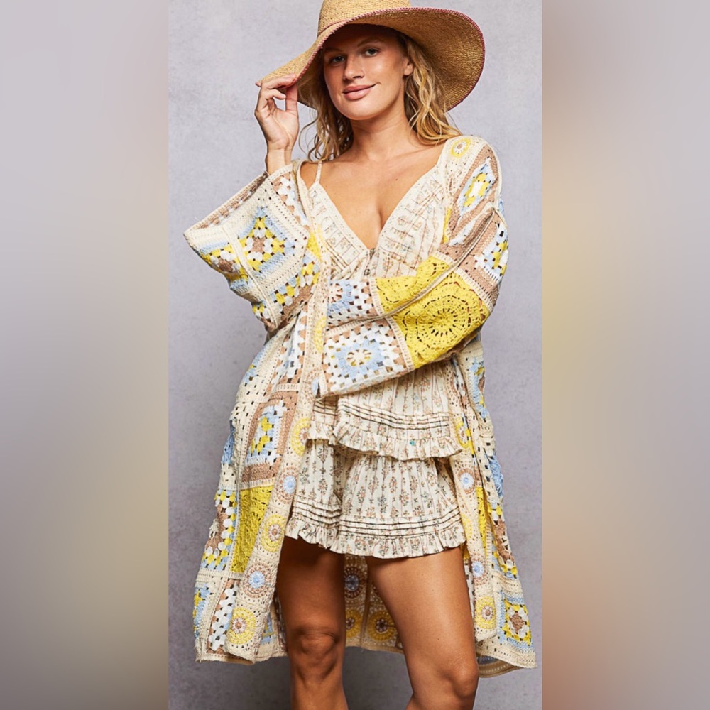 POL Crochet Patchwork Cardigan Sweater - Yellow, Cream &  Baby Blue